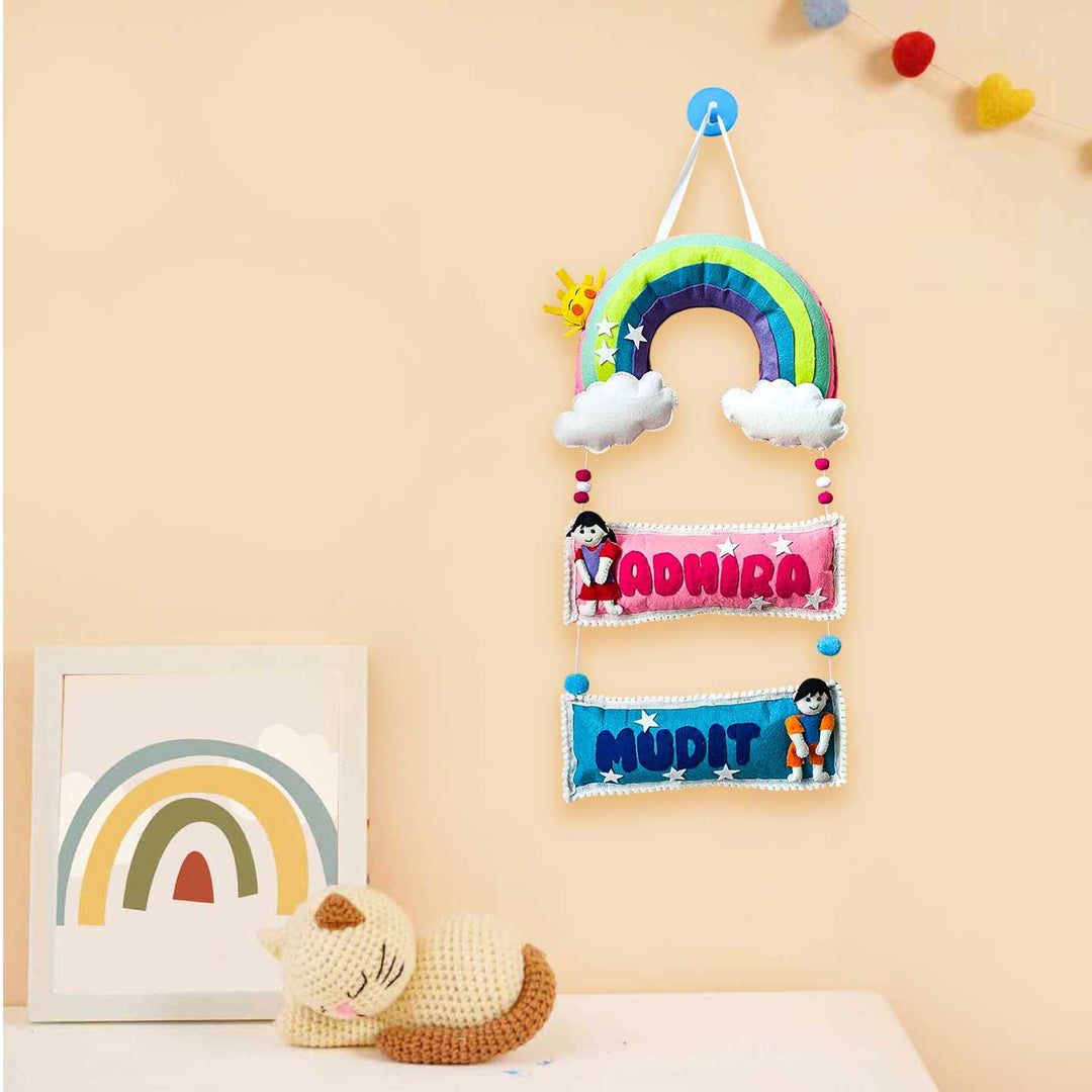 Personalized Rainbow Theme Felt Kids Name Plate For Siblings - Hanging on Wall Showing Personalization