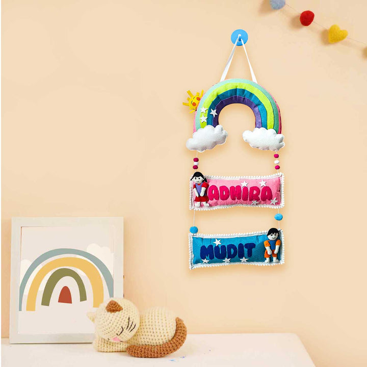 Personalized Rainbow Theme Felt Kids Name Plate For Siblings - Hanging on Wall Showing Personalization