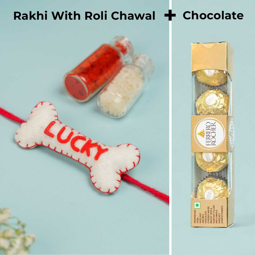 Personalized Handmade Bone Theme Felt Rakhi With Roli Chawal - Rakhi with Roli Chawal and Chocolate
