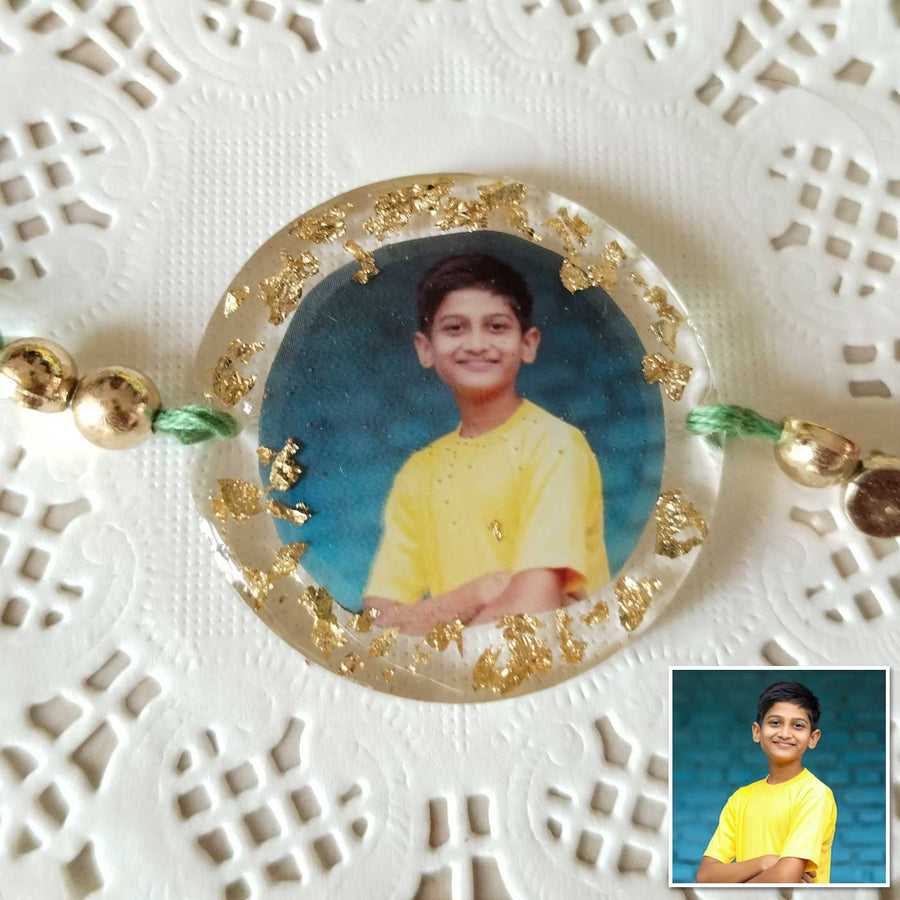 Photo Personalized Round Shape Resin Rakhi - Close-up with Photo Inset