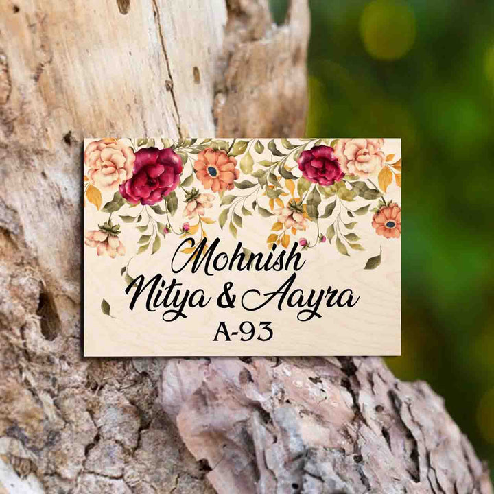 Printed Floret Wooden Rectangle Nameplate - Mounted on Tree Trunk Close-up
