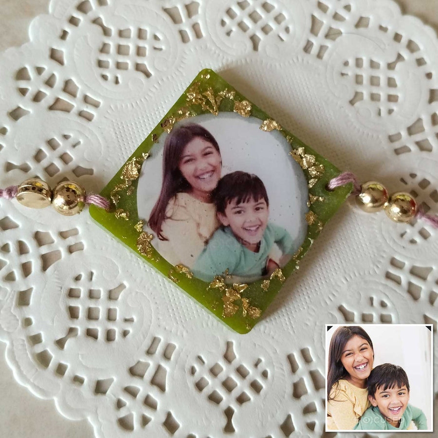Photo Personalized Square Shape Resin Rakhi - Close-up with Photo Reference