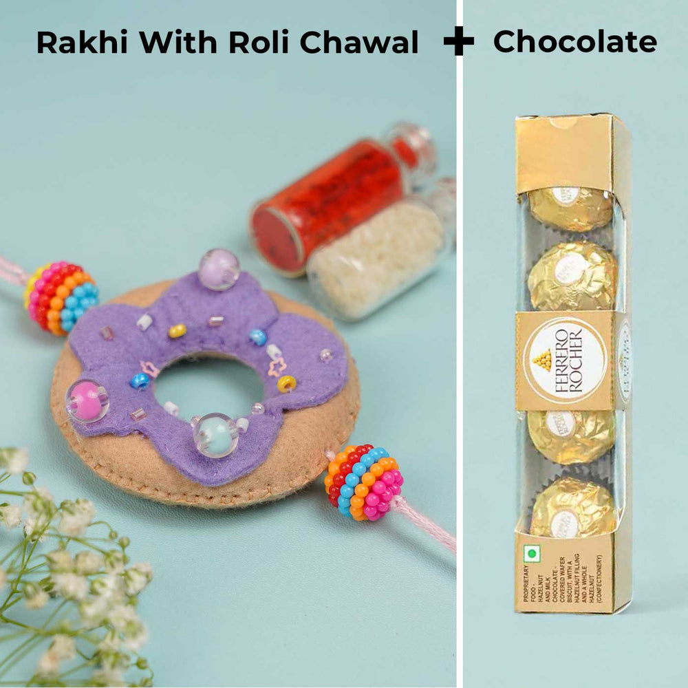 Handmade Doughnut Theme Felt Rakhi With Roli Chawal - Set with Roli Chawal and Chocolate
