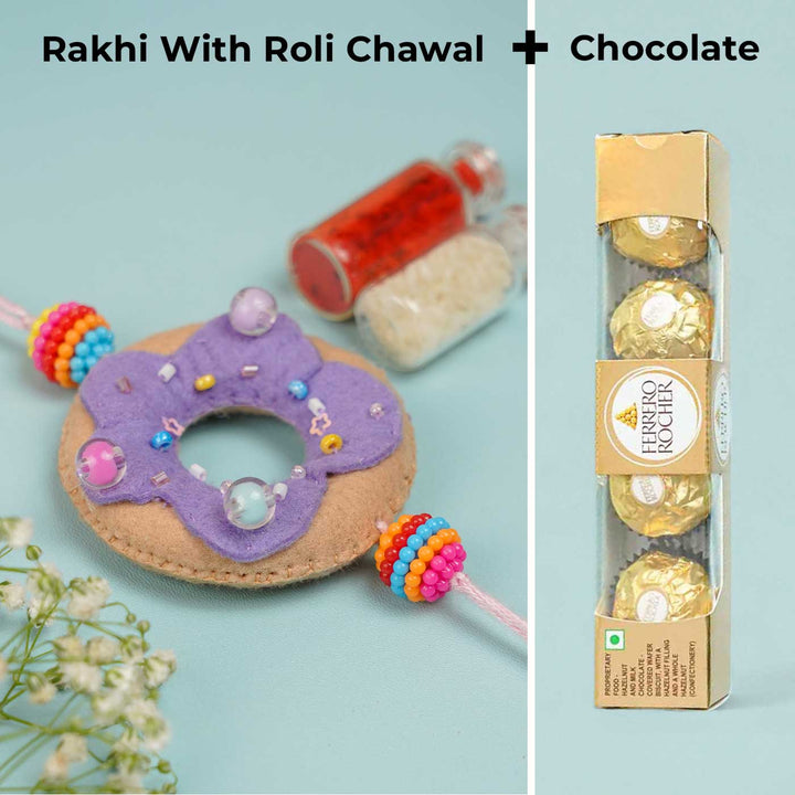 Handmade Doughnut Theme Felt Rakhi With Roli Chawal - Set with Roli Chawal and Chocolate