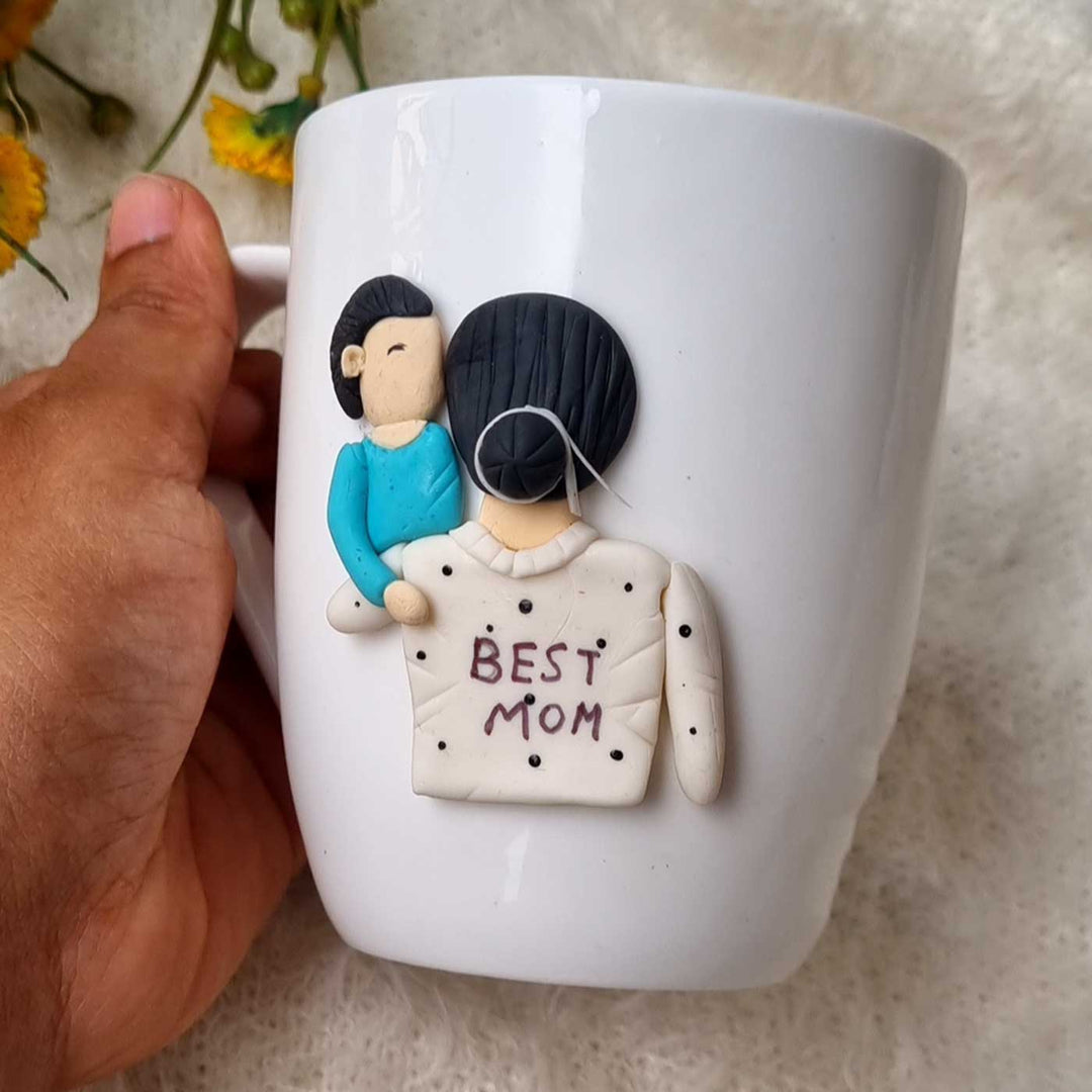 Handmade Mom & Kid Caricature White Ceramic Mug