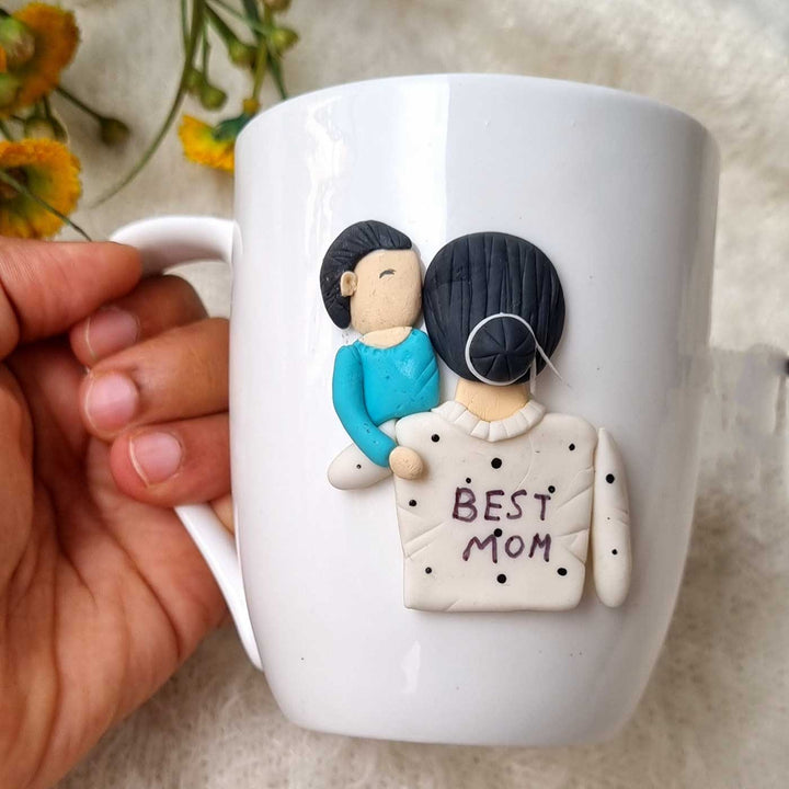 Handmade Mom & Kid Caricature White Ceramic Mug