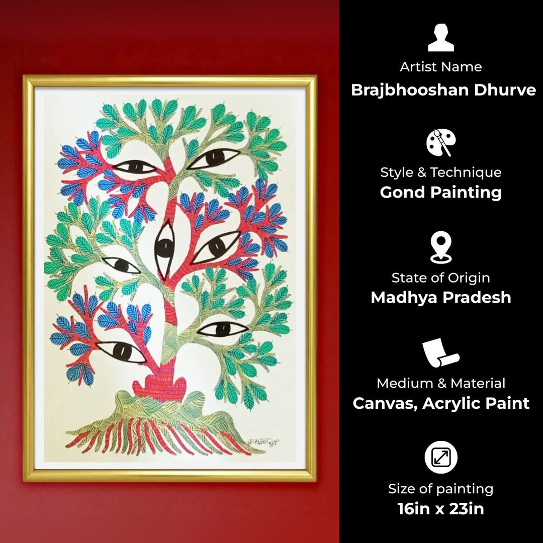 16 x 23 Inch | Eyes & Tree | Original Hand Painted Tribal Gond Art Painting | Acrylic Paint On Paper