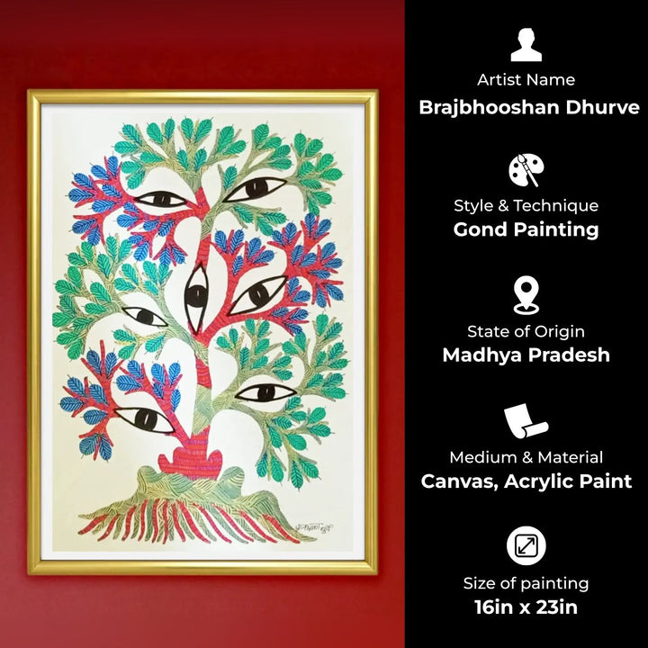 16 x 23 Inch | Eyes & Tree | Original Hand Painted Tribal Gond Art Painting | Acrylic Paint On Paper