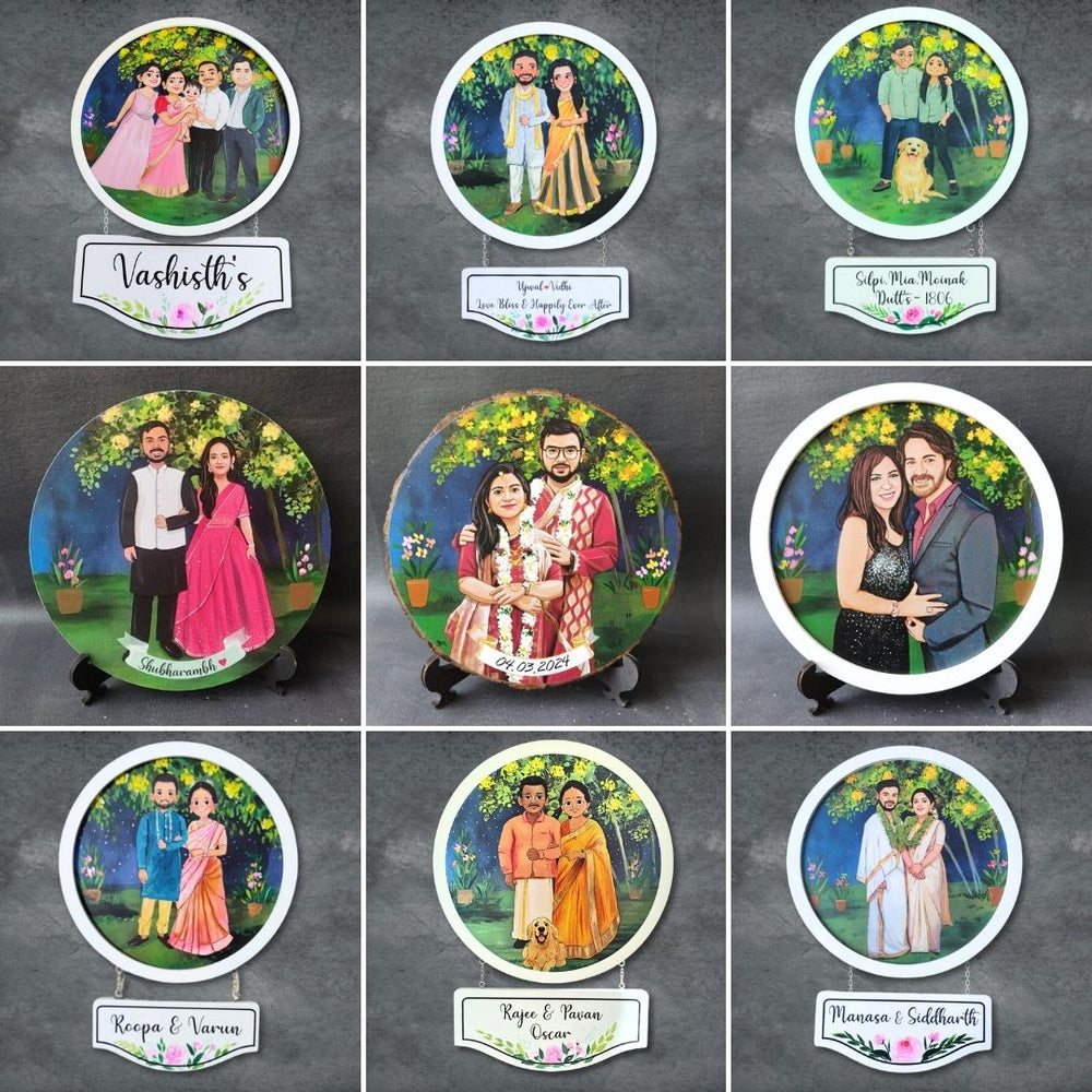 Photo Caricature Hanging Nameplate Wedding Couples 6 - Portrait with Name Plate Display