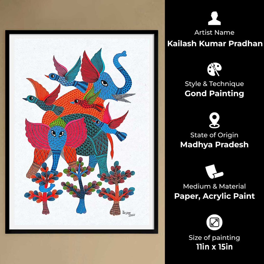 11 x 15 Inch | Colorful Elephant & Birds in Harmony | Original Hand painted Tribal Gond Art Painting | Acrylic Paints On Paper
