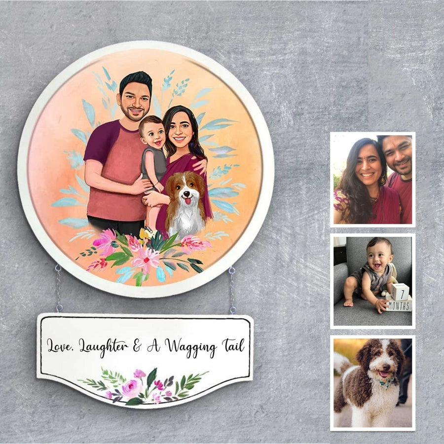 Photo Caricature Hanging Nameplate Small Family With Pets 4 - Front View with Hanging Sign