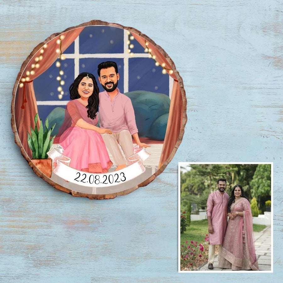 Photo Caricature Bark Nameplate With Stand For Couples 1 - Portrait Illustration with Date Banner