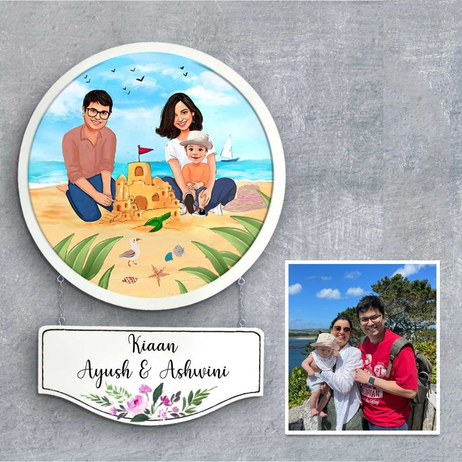 Photo Caricature Hanging Nameplate Small Family 5 - Round Personalized Portrait with Nameplate