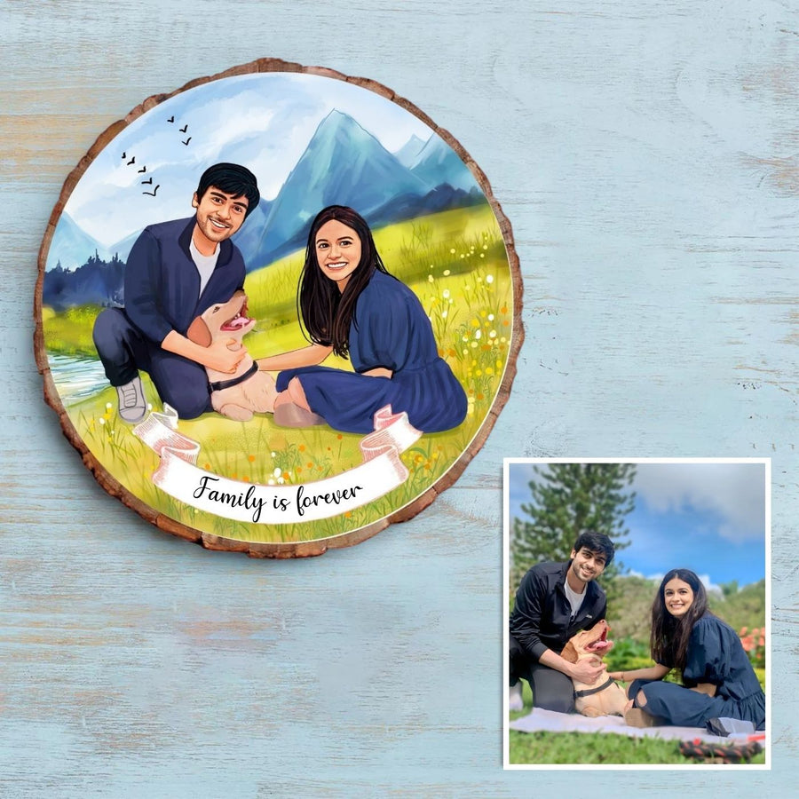 Photo Caricature Bark Nameplate With Stand For Couples With Pets 2 - Name Personalization Example with Photo