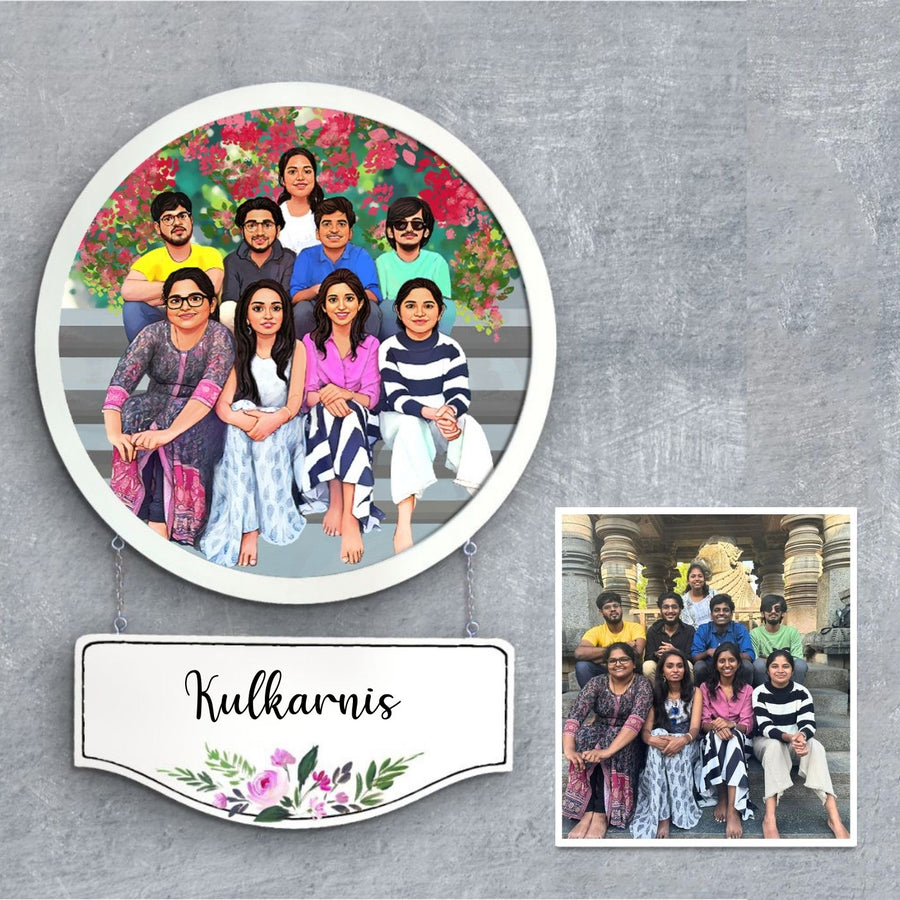 Photo Caricature Hanging Nameplate Large Family 3 - Hanging Wall Sign with Personalization
