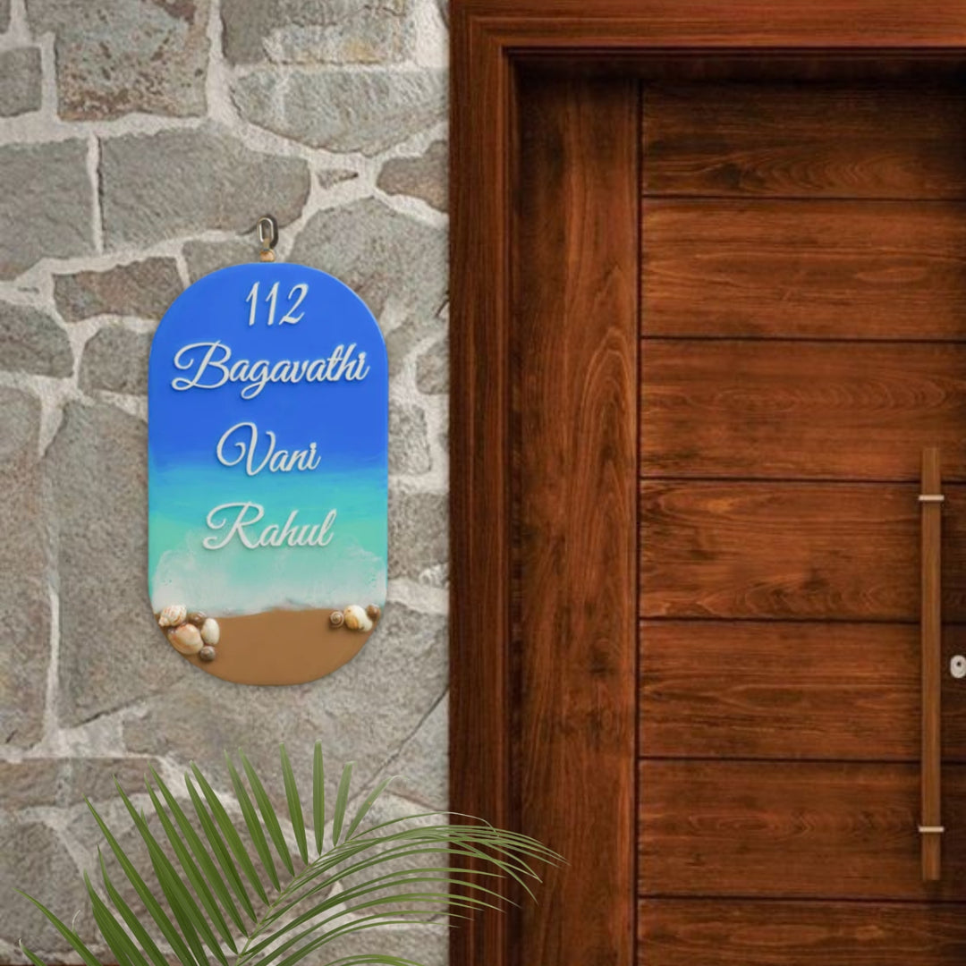 Personalized Beach Theme Resin Vertical Name Plate For Family - Mounted on Exterior Wall Next Door