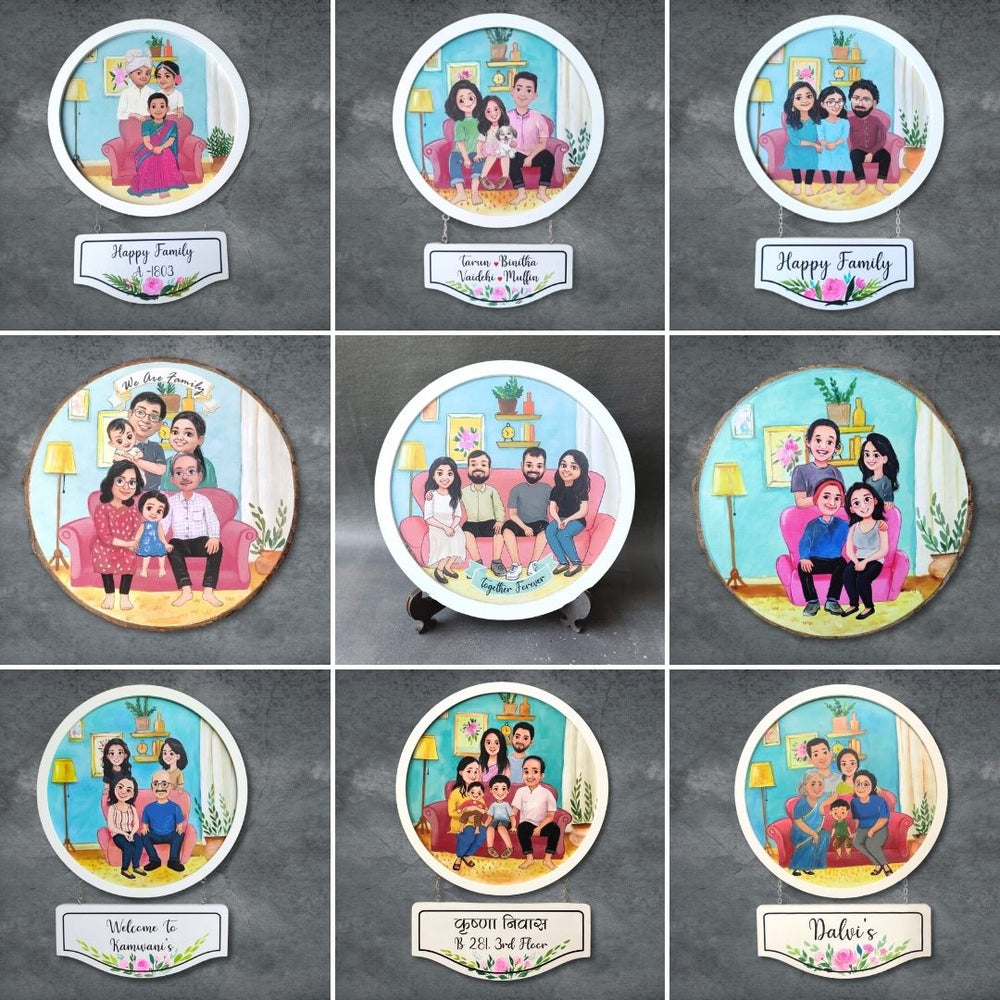 Photo Caricature Hanging Nameplate Small Family 4 - Front View with Name Personalization