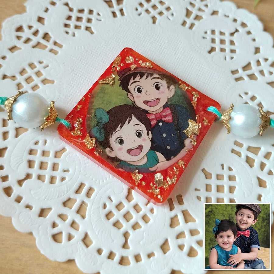 Photo Personalized Ghibli Theme Resin Rakhi - Close-up with Photo Inset