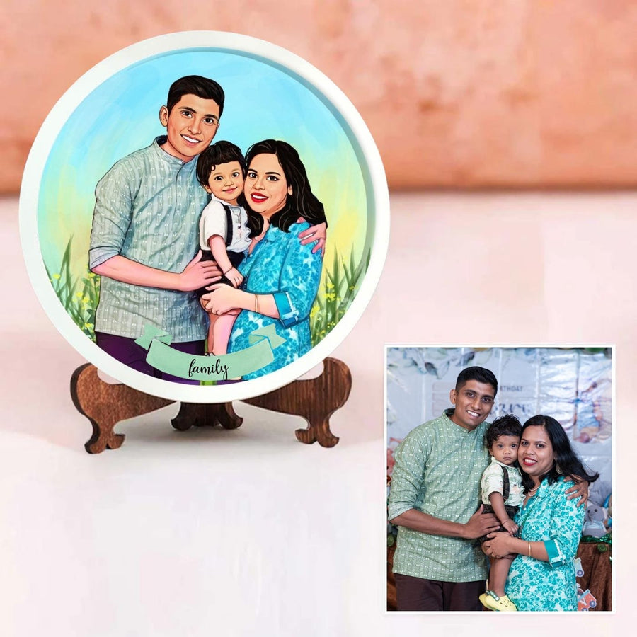 Photo Caricature Nameplate With Stand For Small Family 1 - Photo to Illustration Personalization Example