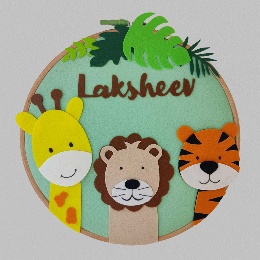 Personalized Handmade Giraffe Tiger And Lion Felt Hoop Name Plate - Front View with Name Personalization (2)