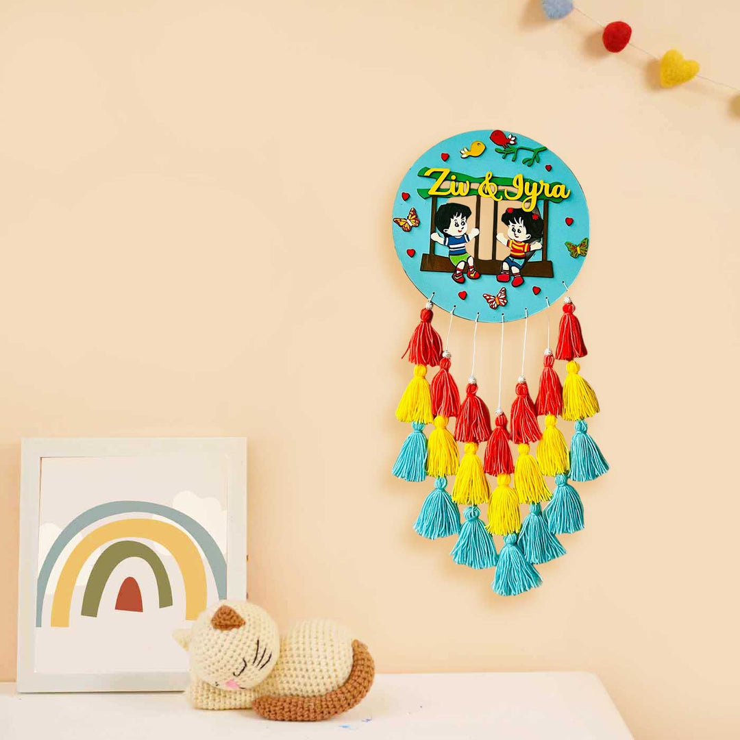 Personalized Hand Painted Sibling Swinging In A Garden Mdf Wood Kids Name Plate - Hanging on Wall with Decor