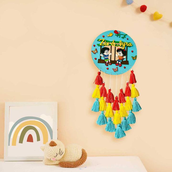 Personalized Hand Painted Sibling Swinging In A Garden Mdf Wood Kids Name Plate - Hanging on Wall with Decor