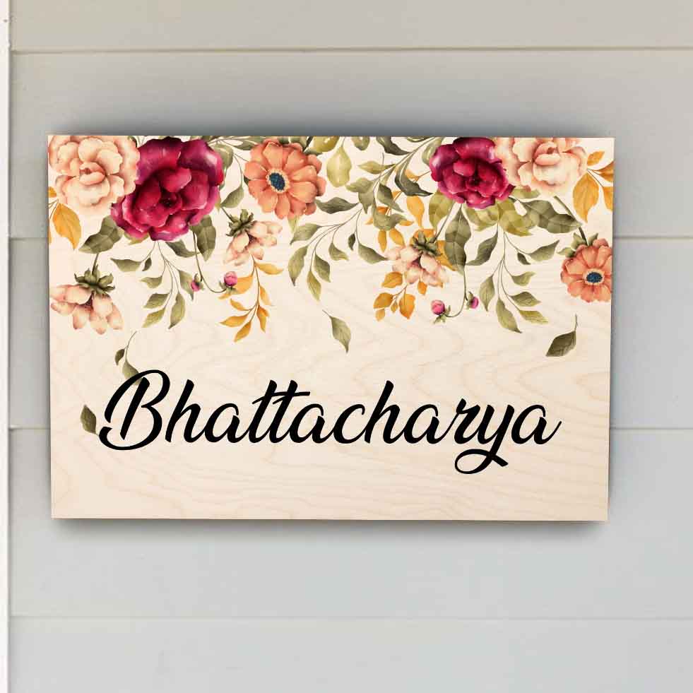 Printed Floret Wooden Rectangle Nameplate - Front View Mounted on Wall
