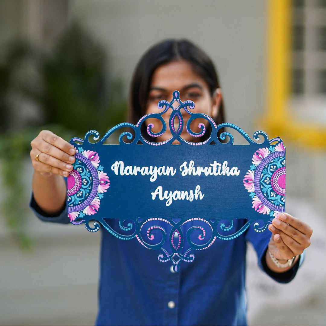 Handcrafted Dot Art Rectangular Cutwork Name Plate 1 - Front View Held by Person