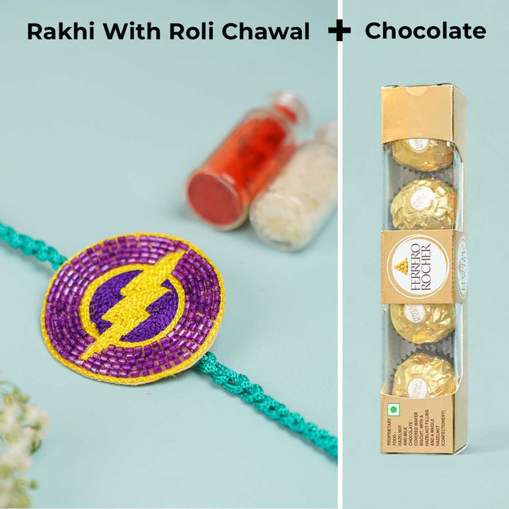 Handmade Beaded Flash Theme Rakhi With Roli Chawal For Brother - Rakhi with Roli Chawal and Chocolate