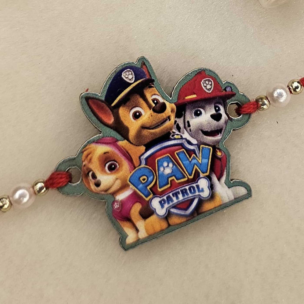 Handmade Paw Patrol Mdf Wood Kids Rakhi With Roli Chawal - Back Close-up