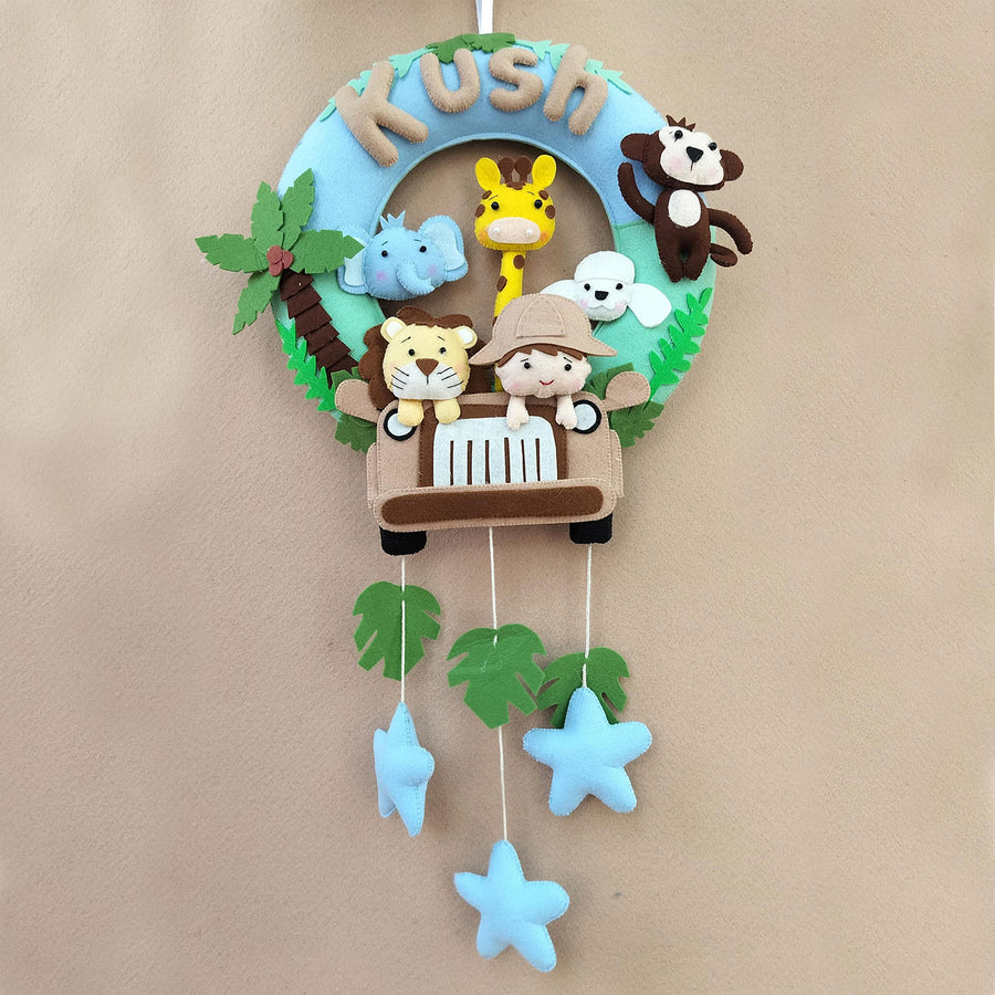 Personalized Kids Theme Felt Hoop Name Plate 10 - Front View Hanging on Wall