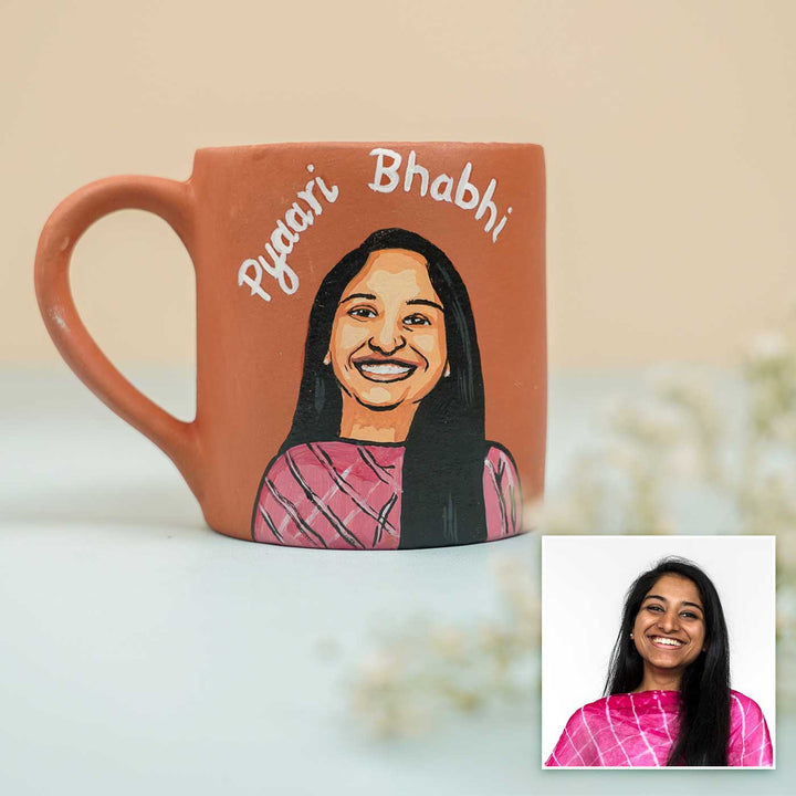 Photo Personalized Handmade Pyaari Bhabhi Theme Terracotta Mug - Front View of Custom Mug with Photo Reference