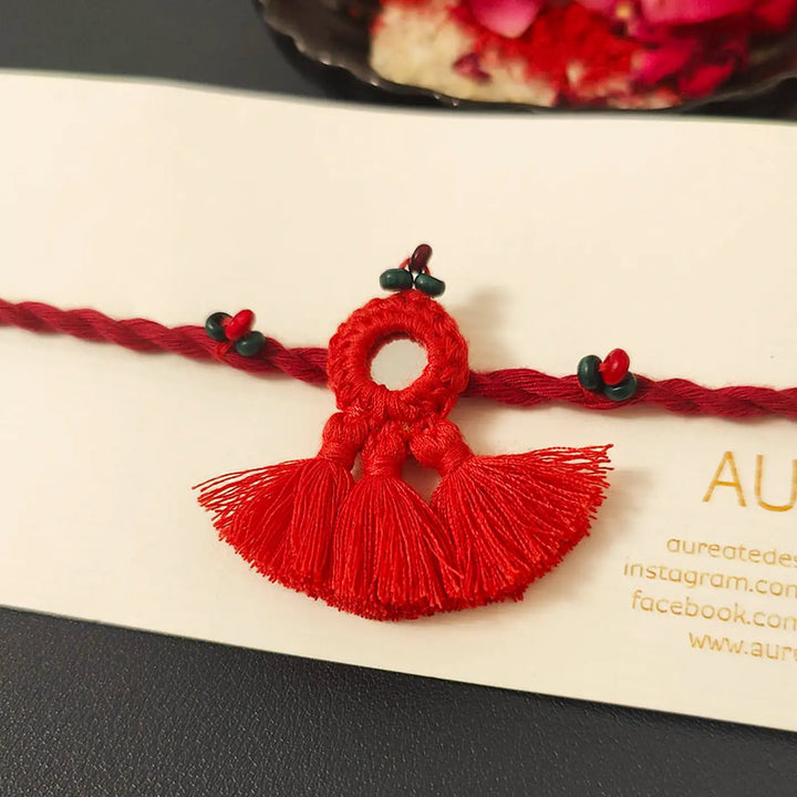 Handmade Mirror Work & Tassels Rakhi With Roli Chawal