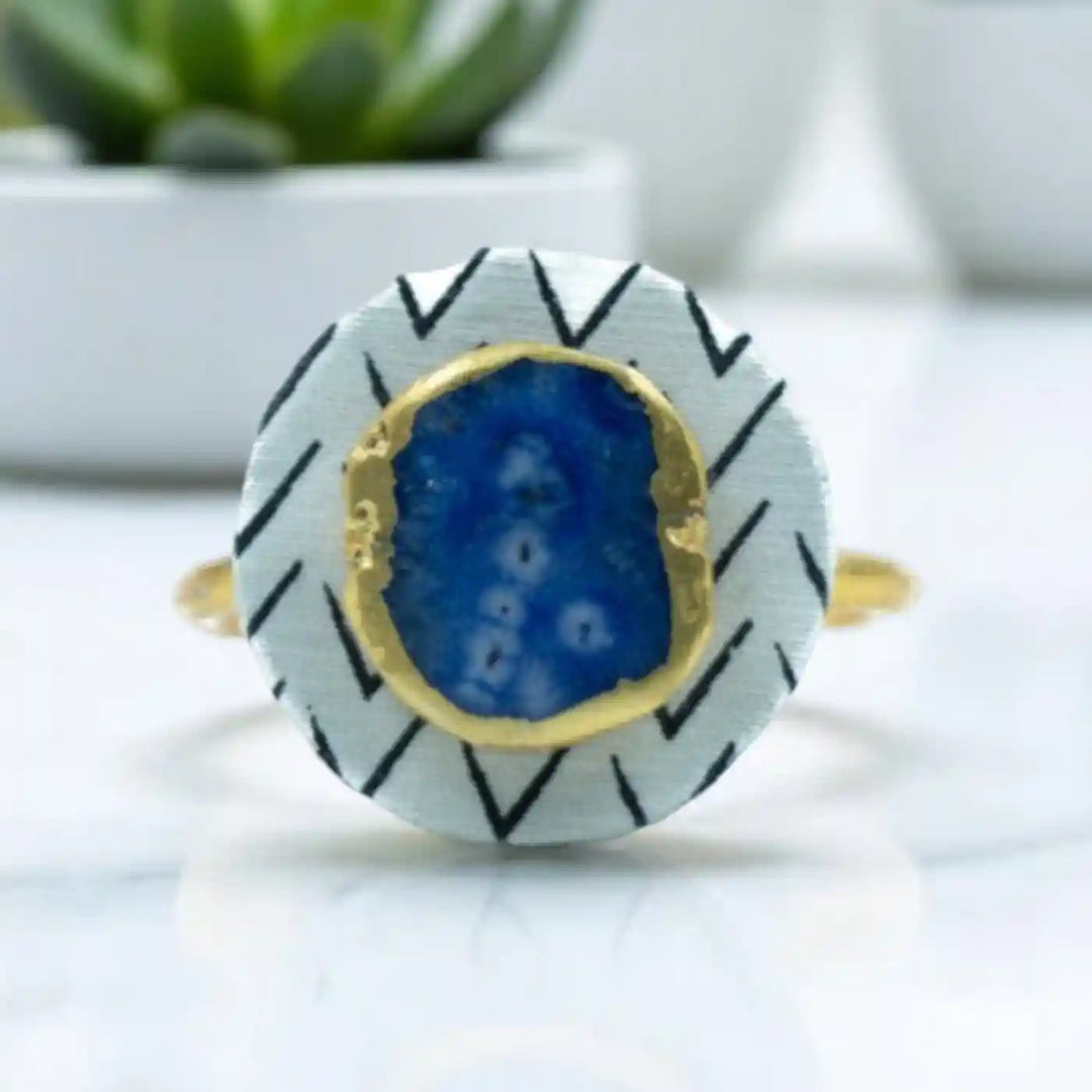 Black And White Cotton Fabric Coated MDF Napkin Rings With Agate Accent Premium Dining Set | Set of 6