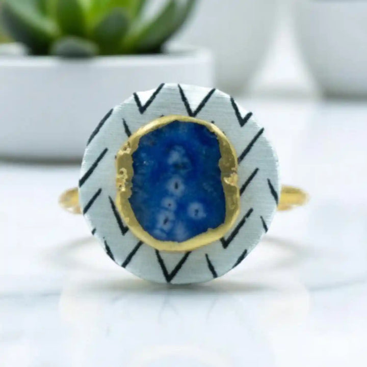 Black And White Cotton Fabric Coated MDF Napkin Rings With Agate Accent Premium Dining Set | Set of 6