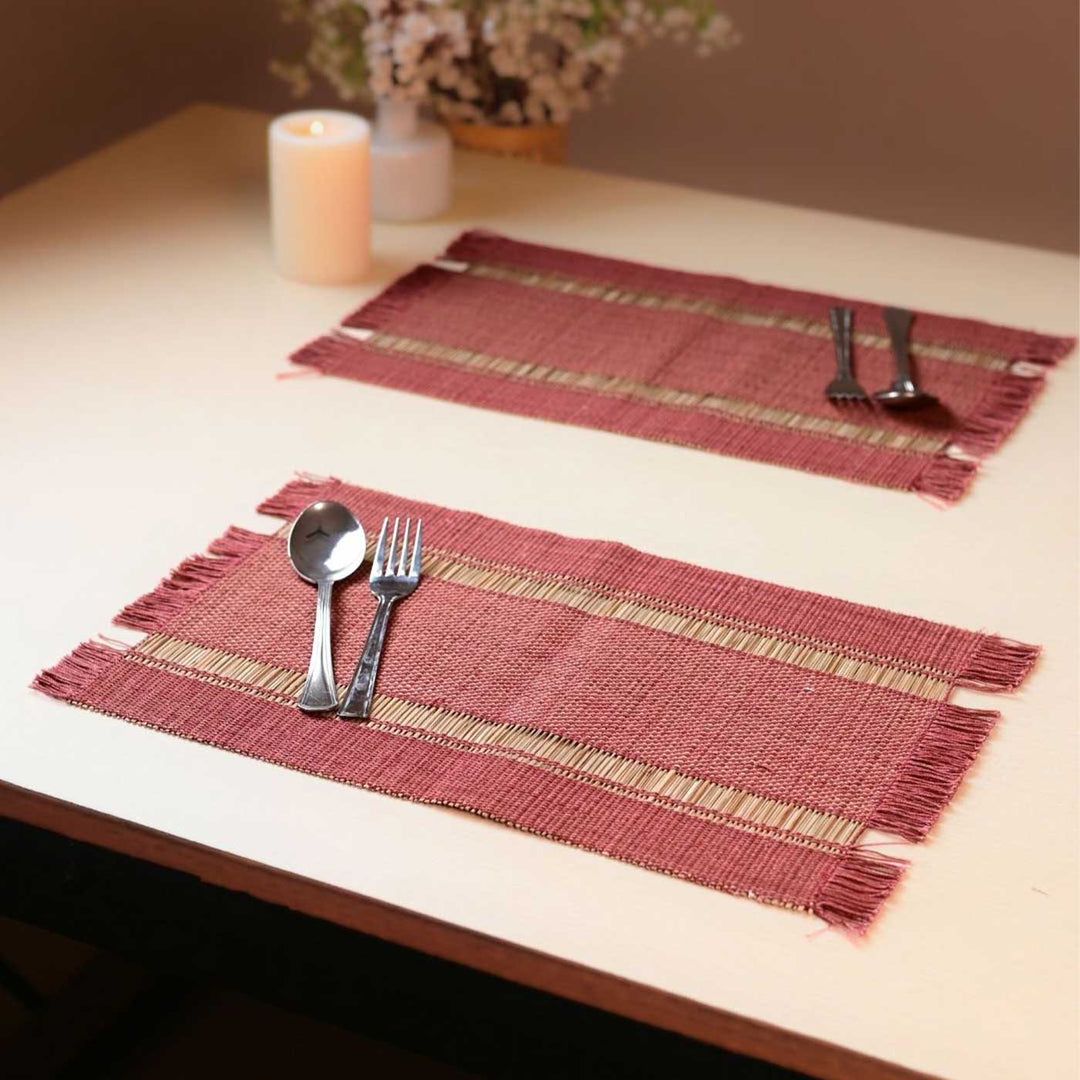 Hand Woven Double Striped Madhurkati Red Table Mat | 15 x 11 inch