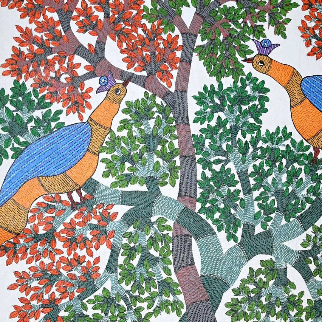 15 x 22 Inch | Peacock, Deers & Birds| Original Hand Painted Tribal Gond Art Painting | Acrylic Paints On Canvas
