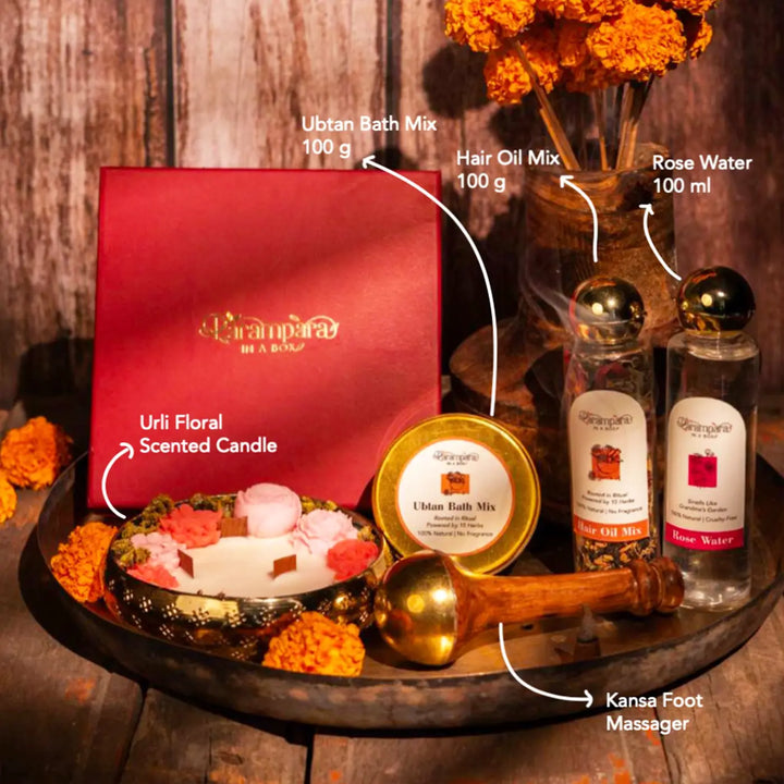 Wellness Diwali Gift Hamper | Includes 1 Ubtan Bath Mix, 1 Hair Oil Herb Mix, 1 Rose Water, 1 Kansa Foot Massager, 1 Urli Diya