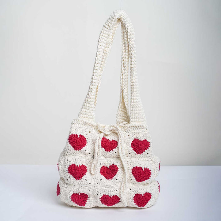 Handmade Crochet Heart Design Cotton Handbag