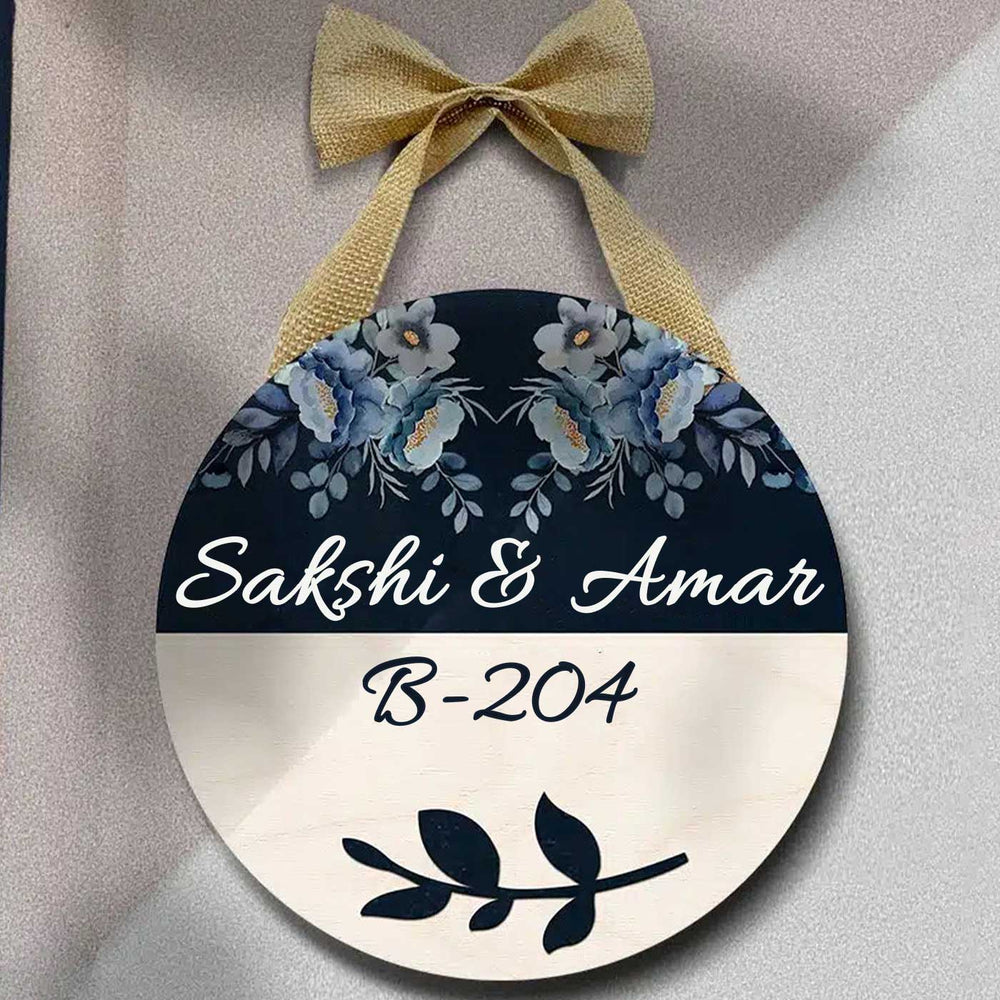Printed Floral Wooden Round Nameplate For Couples With Bow - Hanging with Bow on Wall