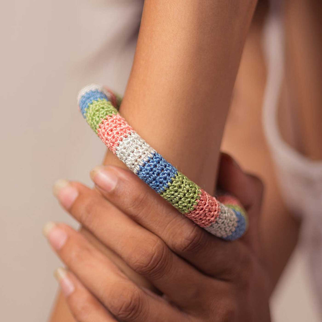 Handmade Crochet Rangat Orange Green And Blue Stripes Bangle