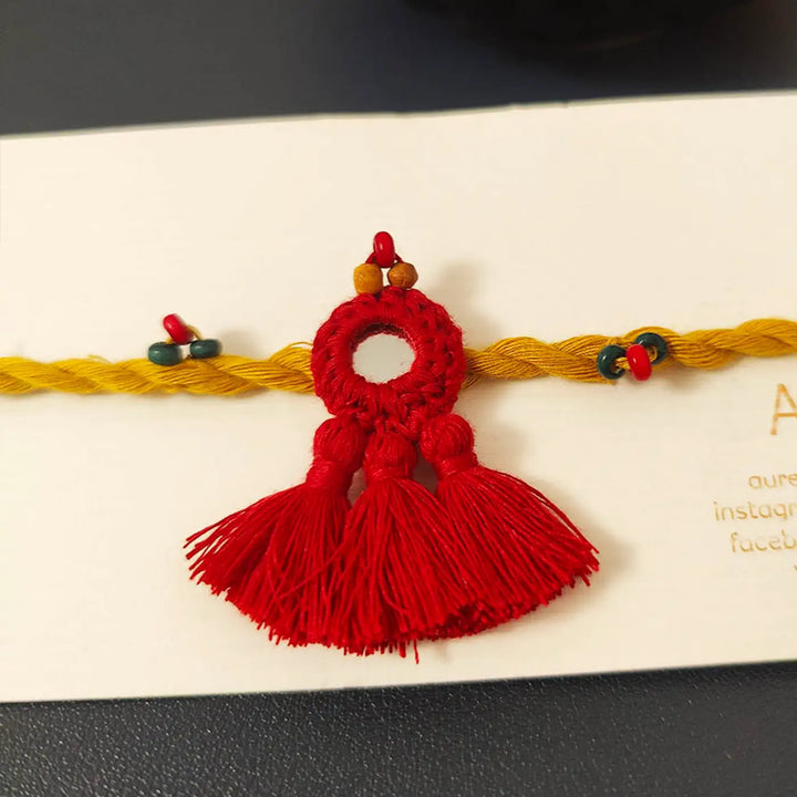 Handmade Mirror Work & Tassels Rakhi With Roli Chawal