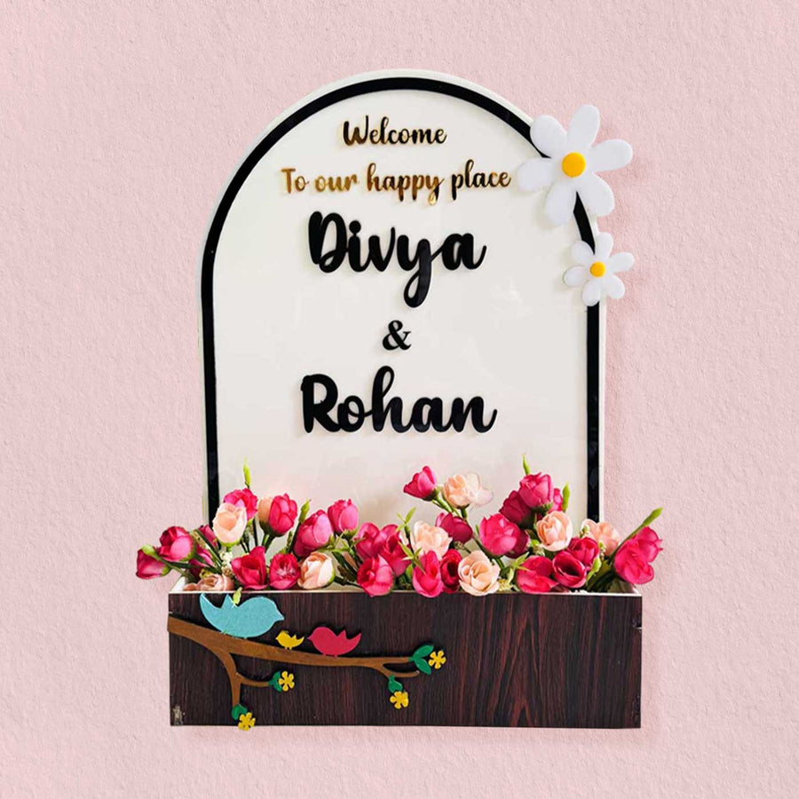 Personalized Handmade Planter Style Mdf Wood Name Plate - Front View with Floral Decoration