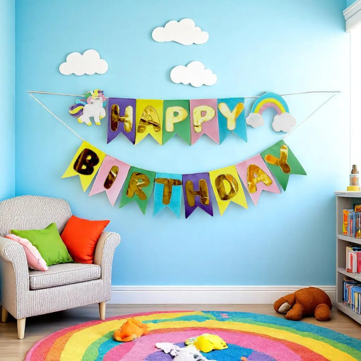 Handmade Unicorn Theme Felt Happy Birthday Bunting