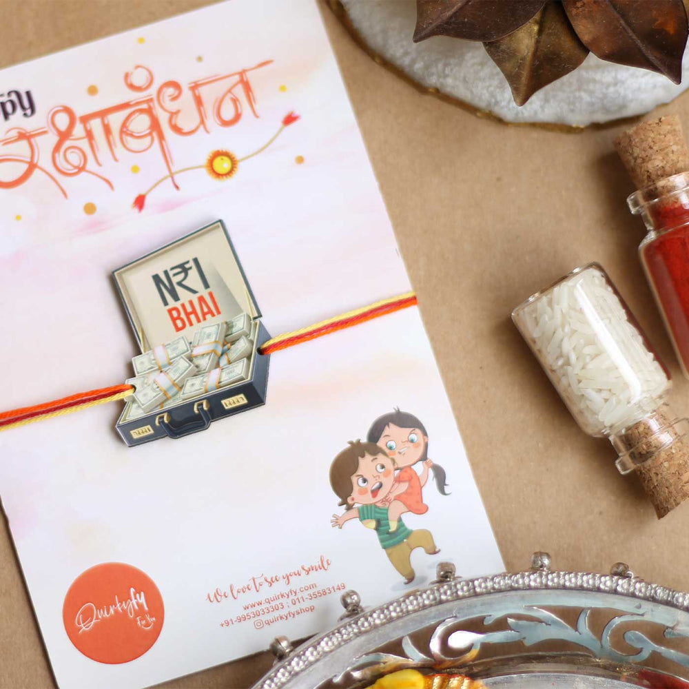 Handmade Nri Bhai Magnet Wooden Rakhi With Roli Chawal For Brother - Rakhi Charm on Greeting Card