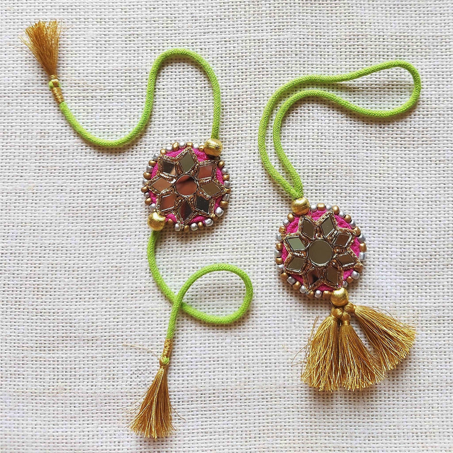 Handmade Mirror Work Beaded Bhaiya Bhabhi Rakhi With Roli Chawal Set Of 2 - Pair Display
