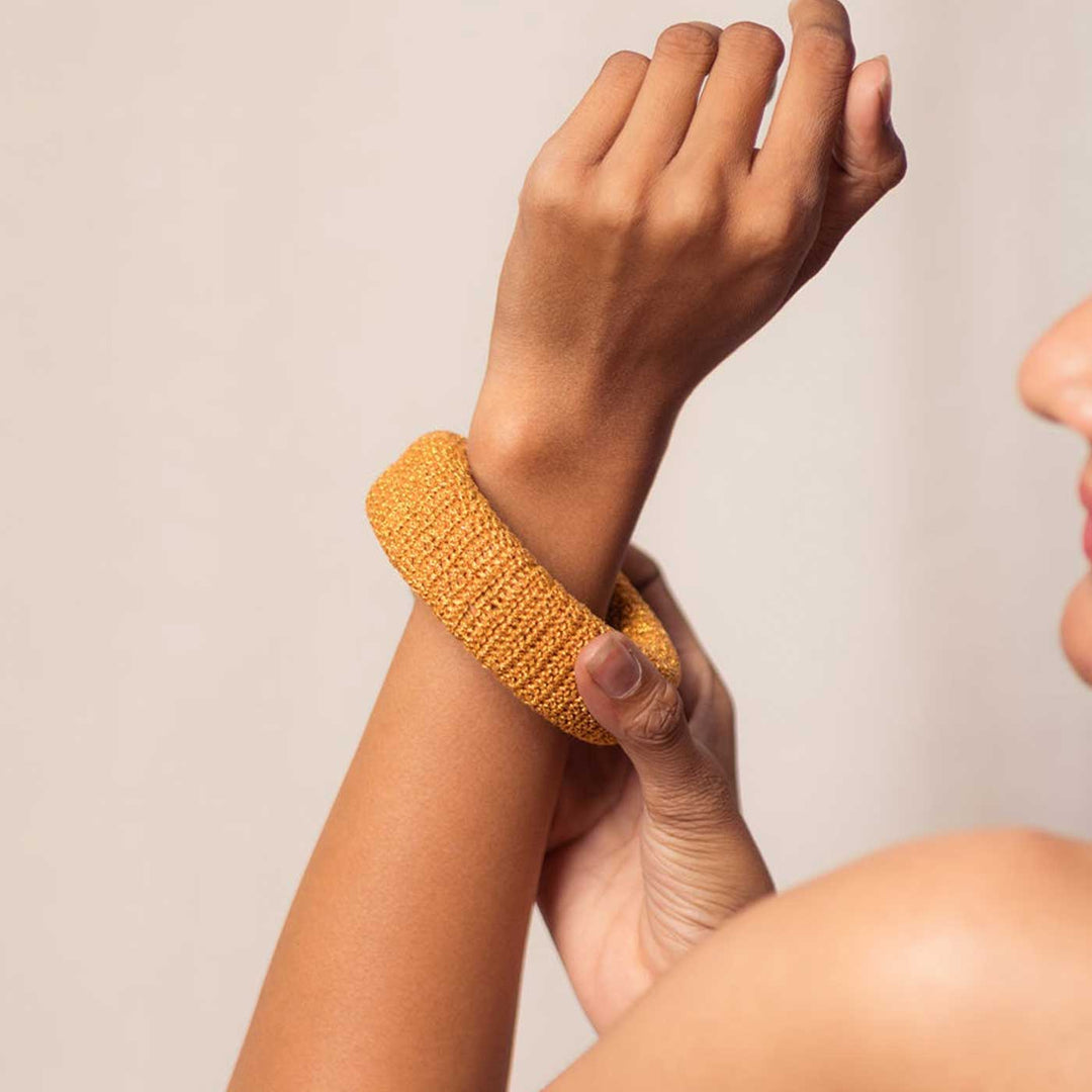 Handmade Crochet Rangat Mustard Zari Chunky Bangle