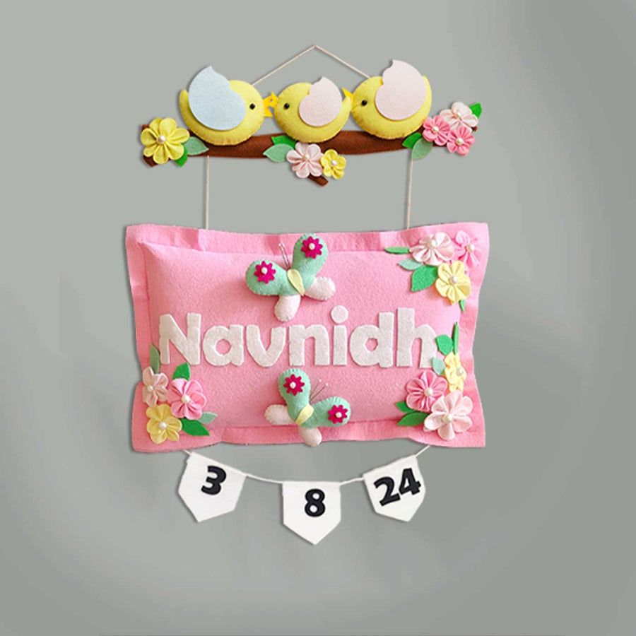 Hand Stitched Bird Themed Felt Kids Name Hanging - Front View Hanging on Wall
