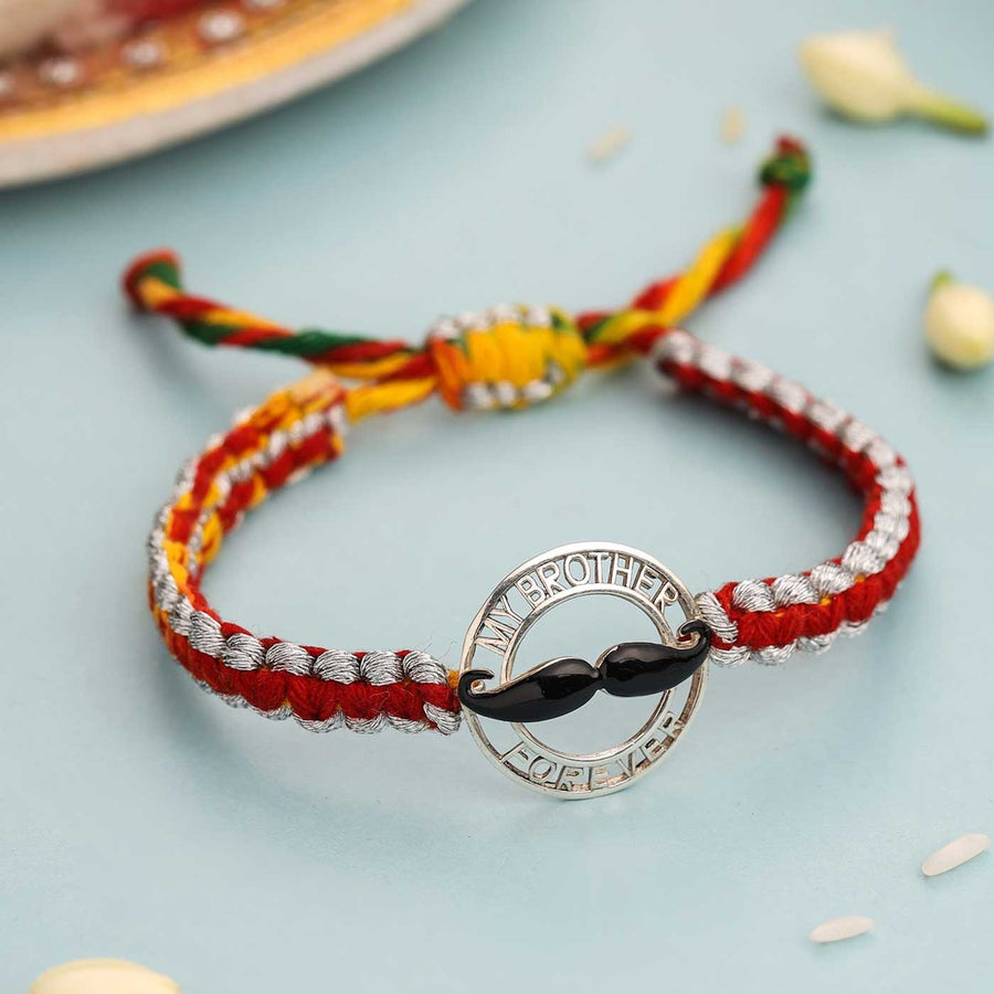 Handmade Mustache Design Silver Rakhi For Brother - Bracelet Front View