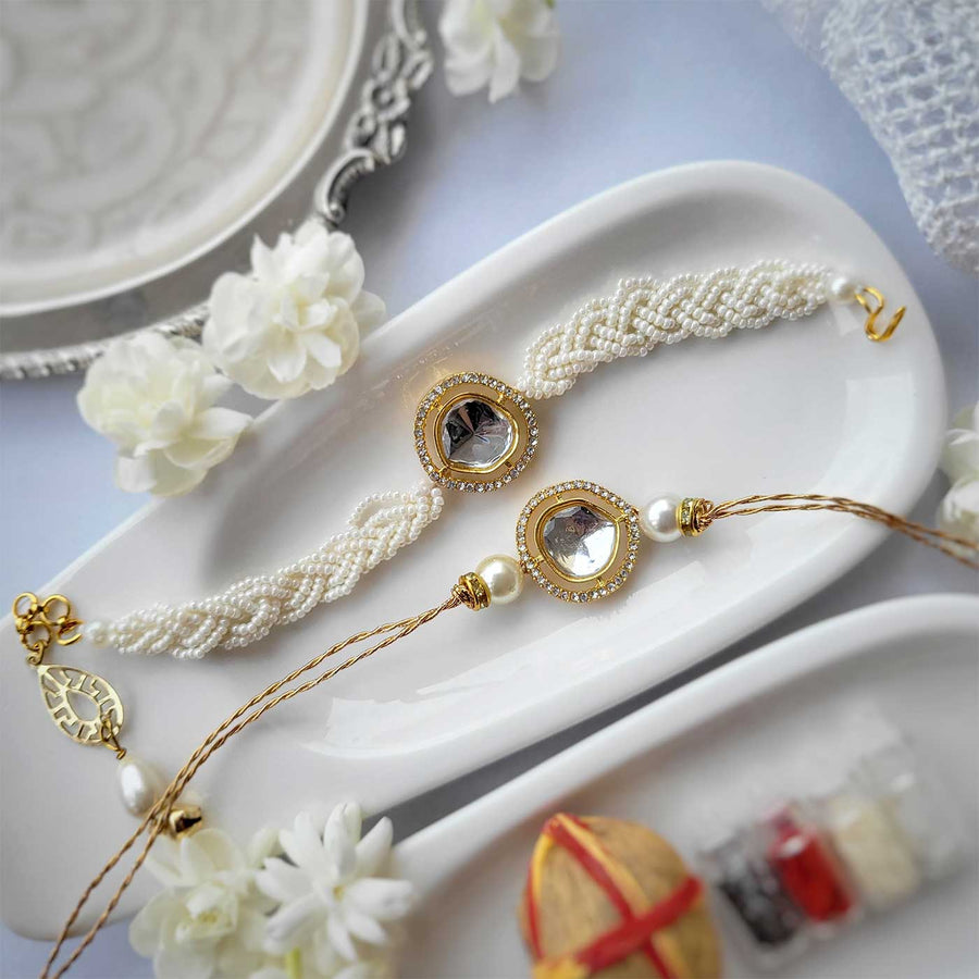 Handmade Beaded Pearl Bracelet Rakhi Hamper With Roli Chawal For Bhaiya And Bhabhi - Front View of Two Rakhis